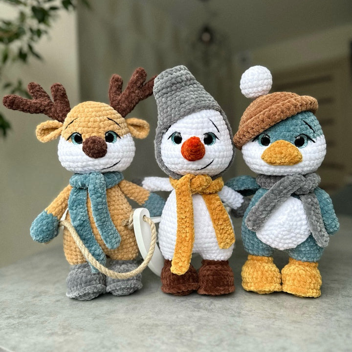 3 in 1 Amigurumi Crochet Pattern – Penguin, Snowman & Reindeer