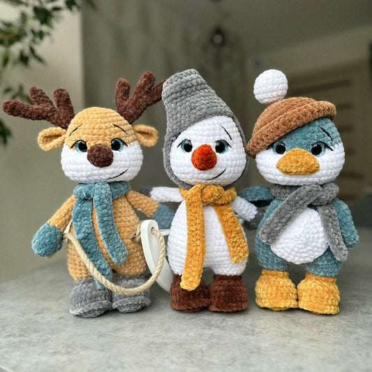 3 in 1 Amigurumi Crochet Pattern – Penguin, Snowman & Reindeer